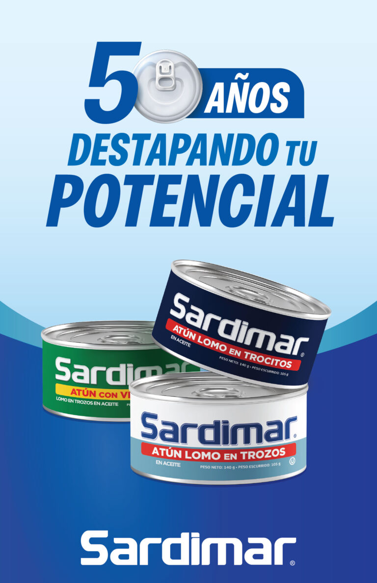imagen vertical con 3 latas apiladas y un texto diciendo 50 años destapando tu potencial